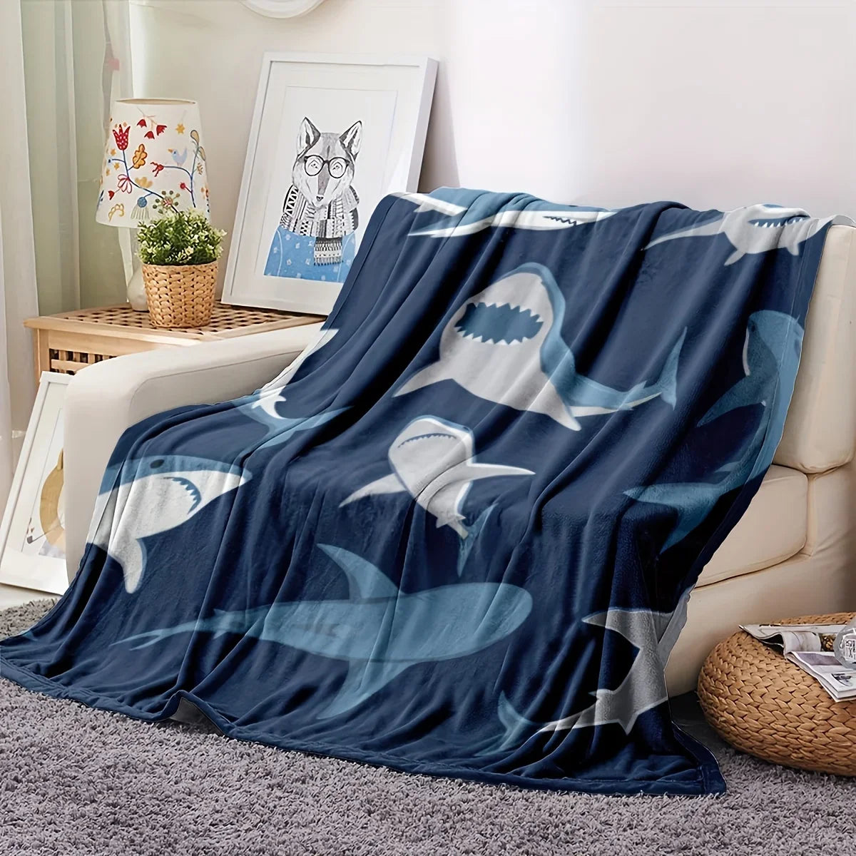 Manta de Tubarões - Design Oceânico Macio