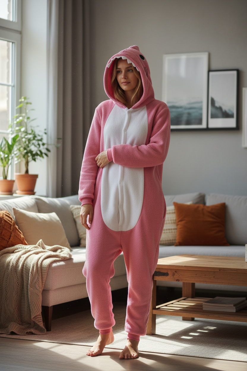 Rapariga com Pijama Tubarão Rosa na Sala